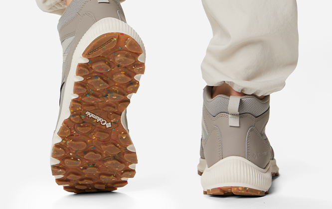 Close up of eco-friendly all-terrain traction on footwear